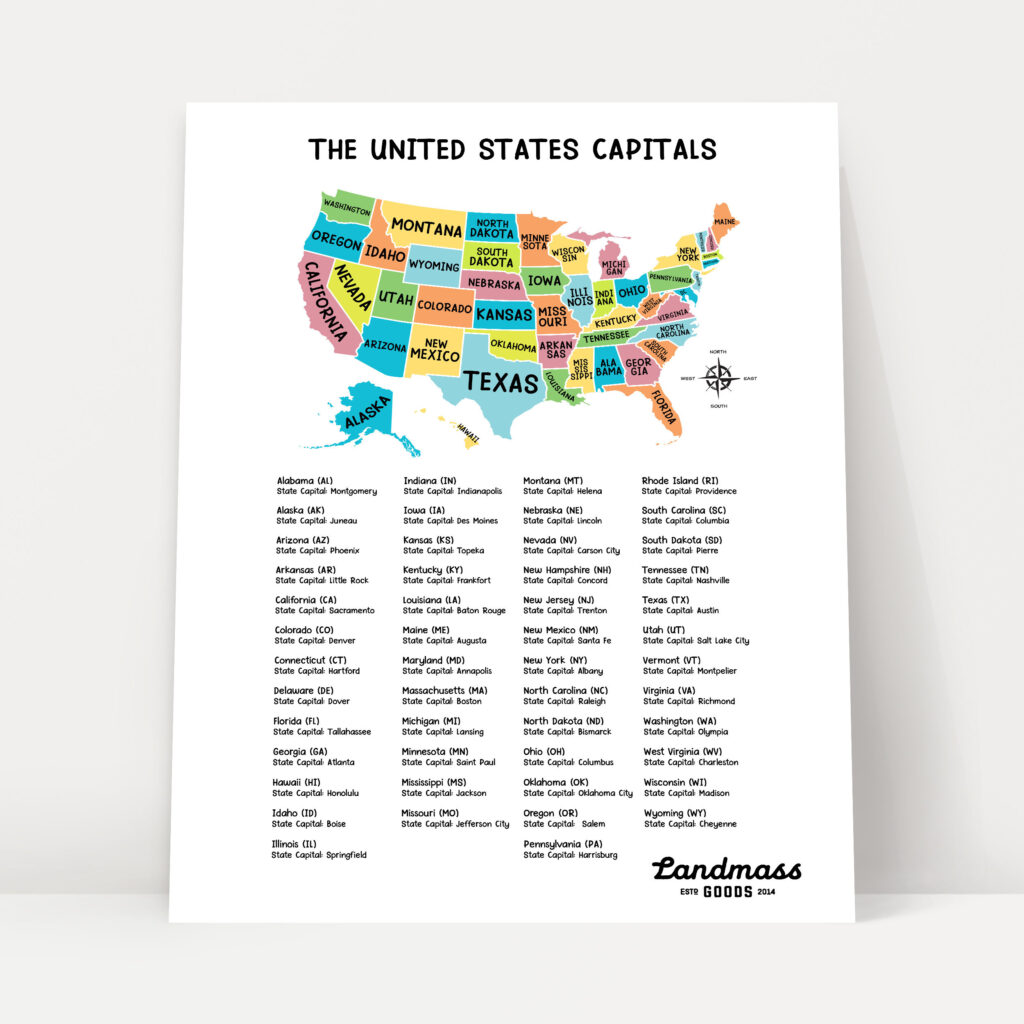USA Map With Capitals Printable 18x24 United States Map With Capitals For Kids Educational Intended For Usa Map With Capitals Printable 1024x1024 