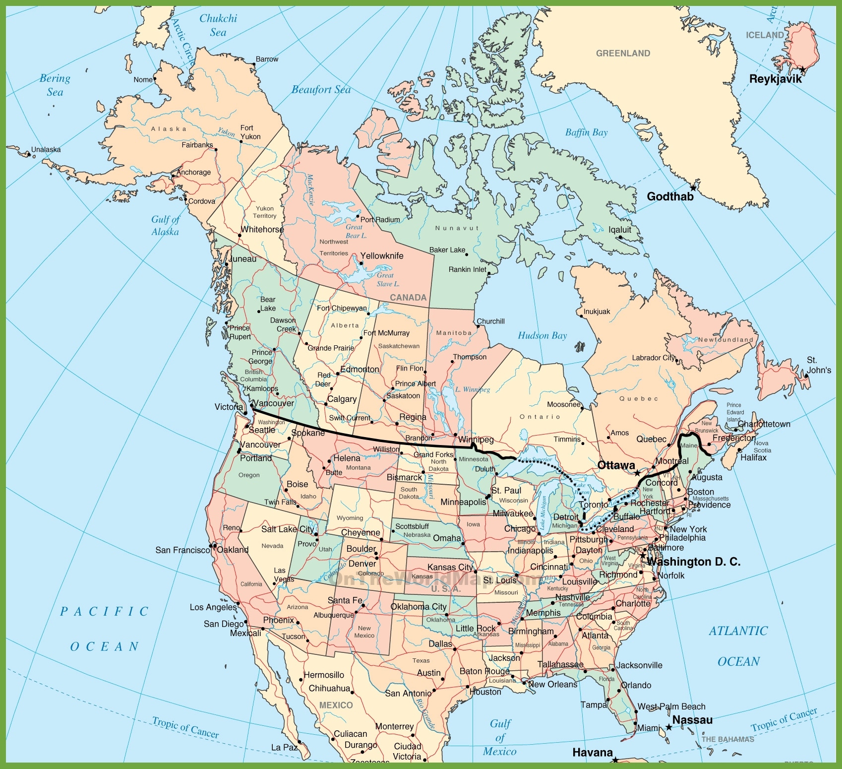 Free Printable Map of USA and Canada