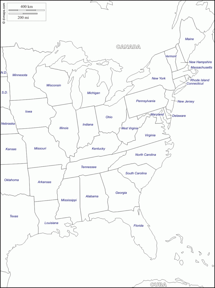 Printable Map of Eastern USA