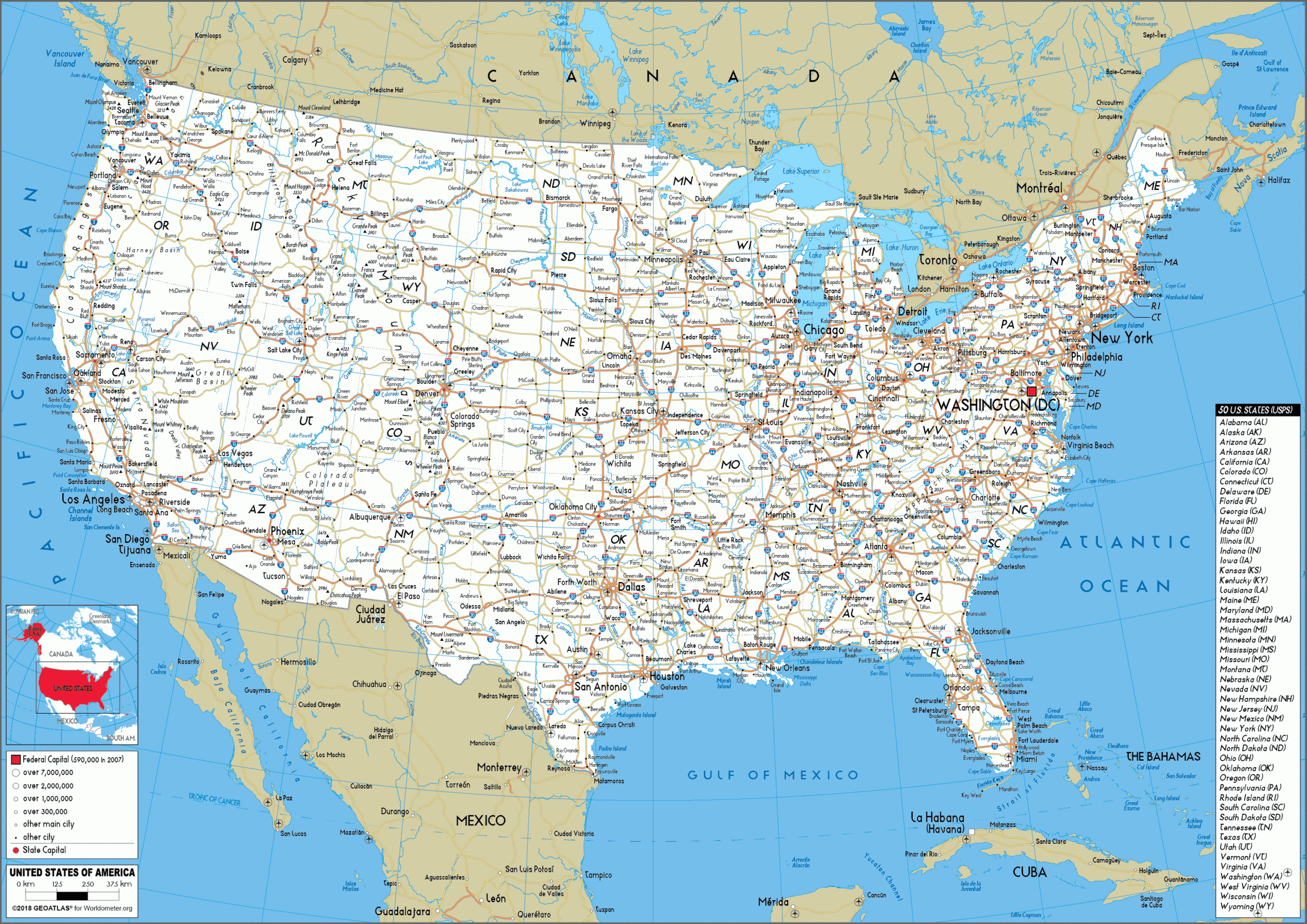 Large Size Road Map Of The United States - Worldometer with Printable Road Map of USA with States and Cities