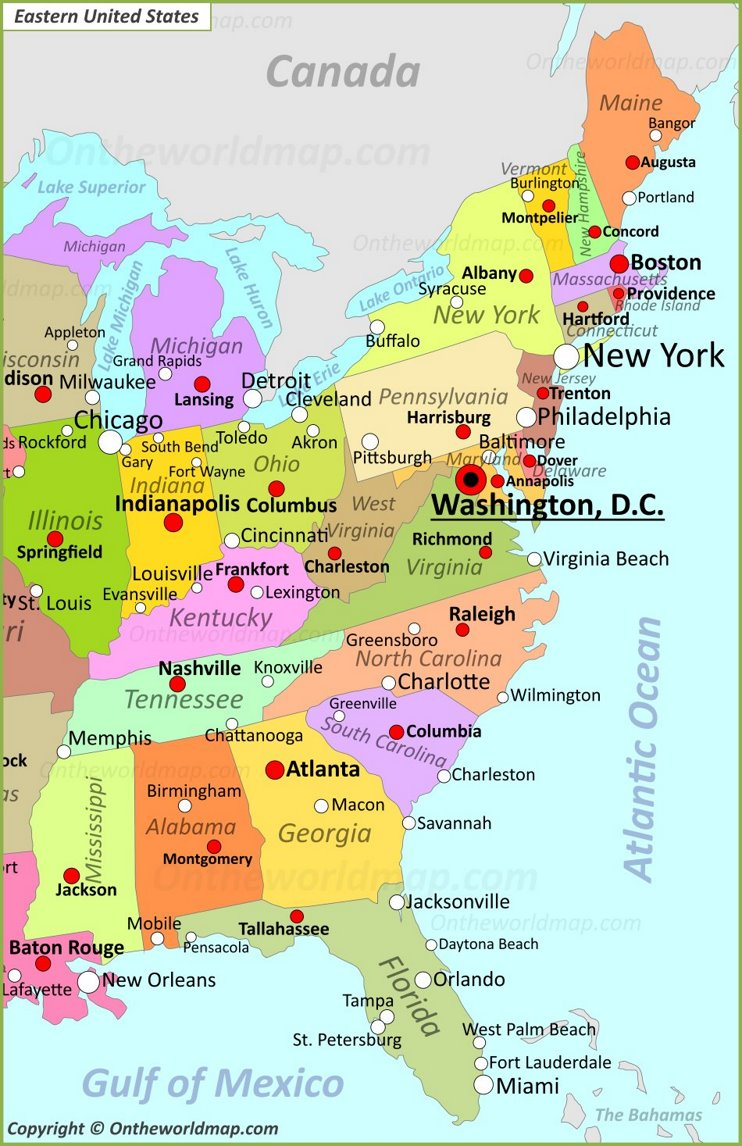 Map Of Eastern United States with Printable Map Of East Coast Usa