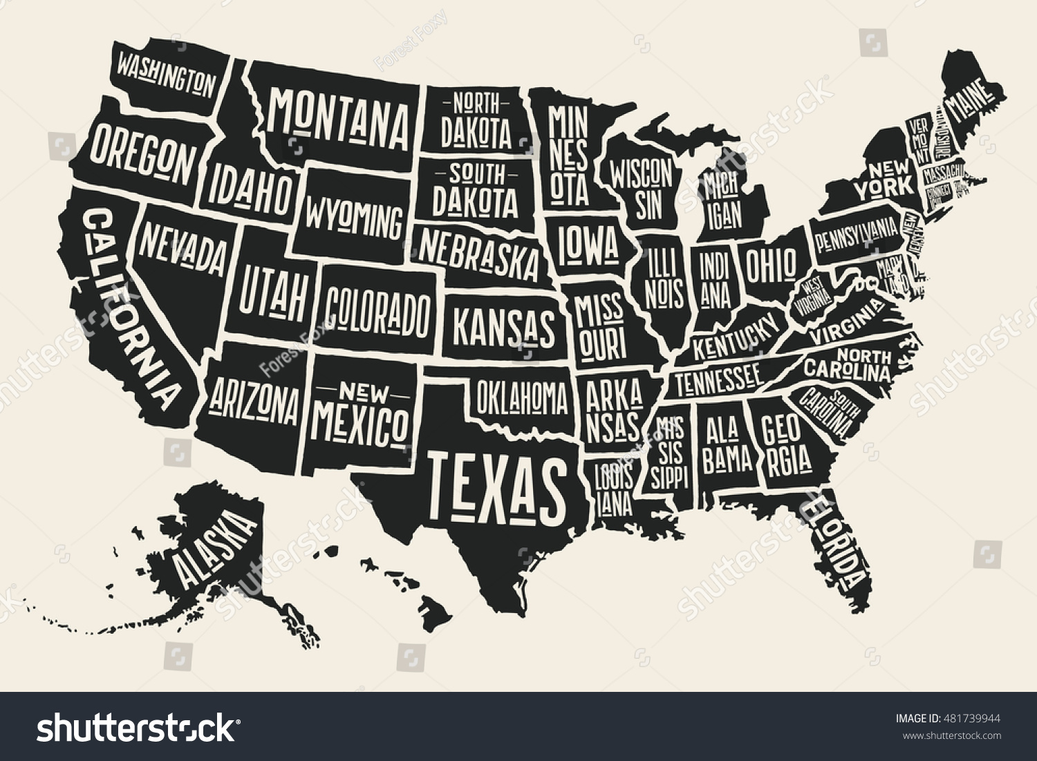 Poster-Karte Der Vereinigten Staaten Von Amerika: Stock in Printable Map of USA Showing States Black and White