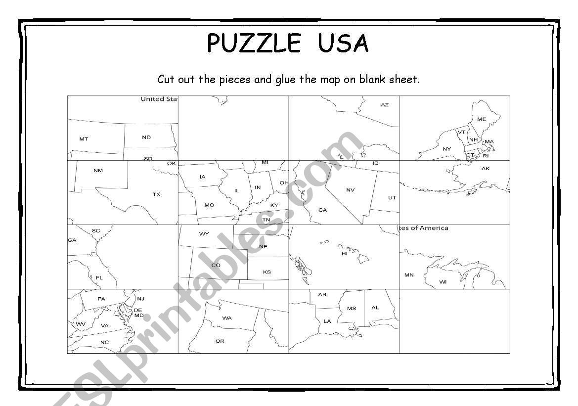 Puzzle - Map Of Usa + Key - Esl Worksheetbellaplutt inside USA Map Puzzle Printable