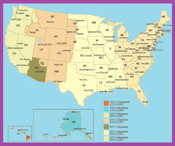 Map of Time Zones USA Printable