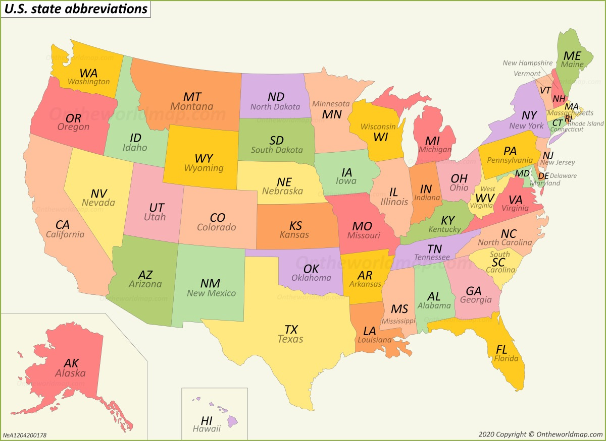 U.s. State Abbreviations Map - Ontheworldmap intended for Printable USA Map With State Abbreviations