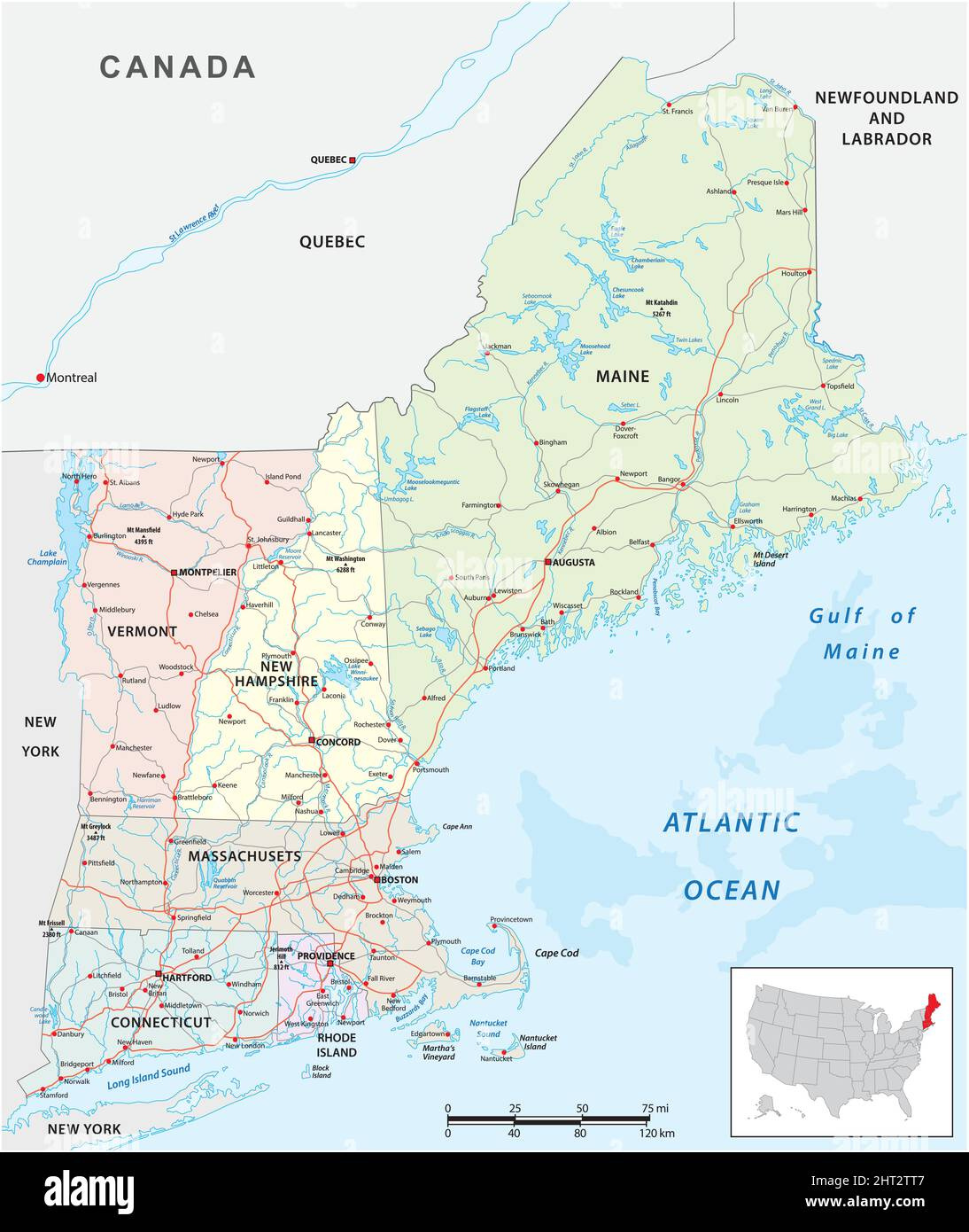 Vector Road Map Of The Six New England States, United States Stock pertaining to Printable Map Of New England Usa