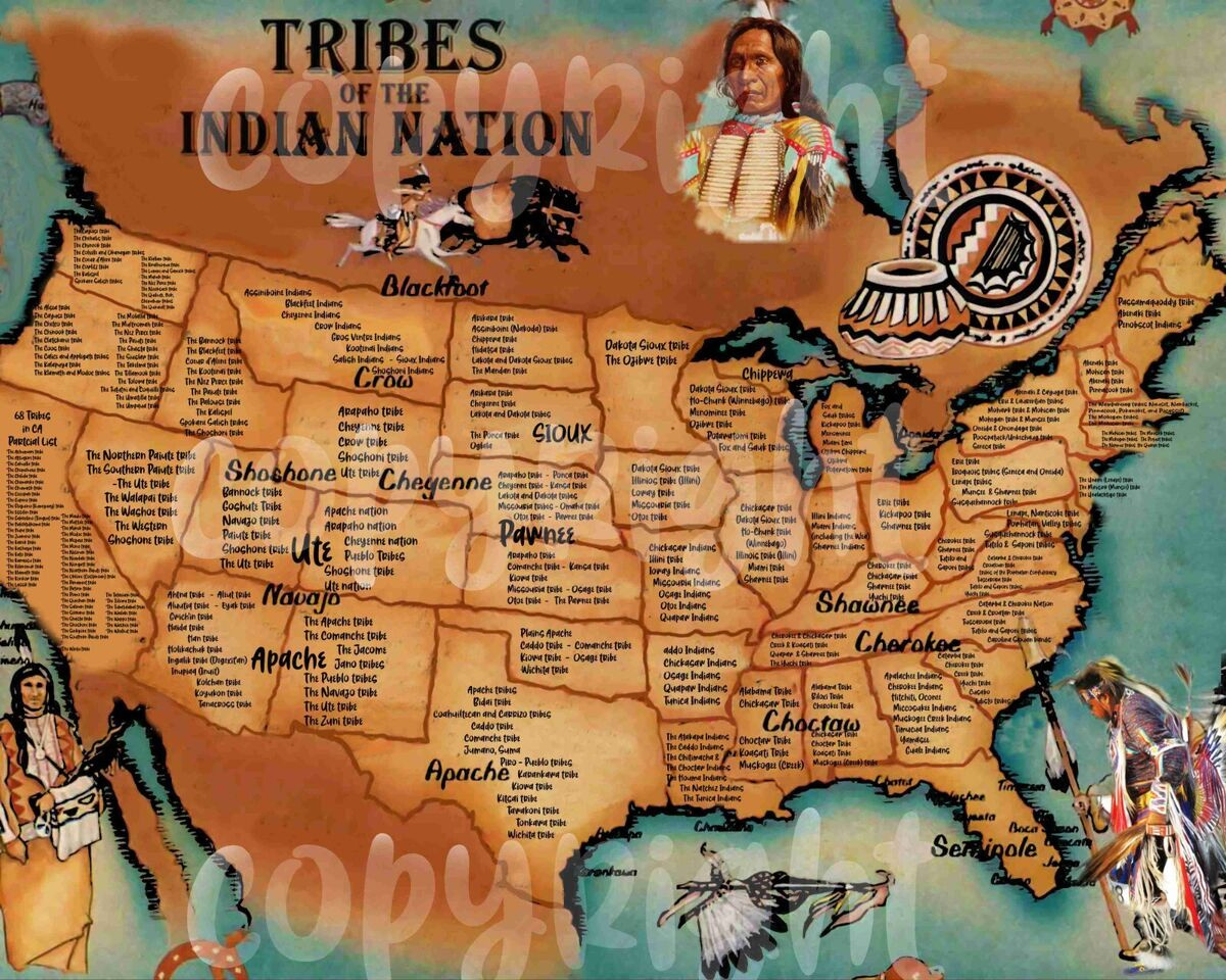 11X14 Indianerstamm Karte Poster Foto Amerikanische Ureinwohner Usa Stämme within Map of Indian Tribes In USA