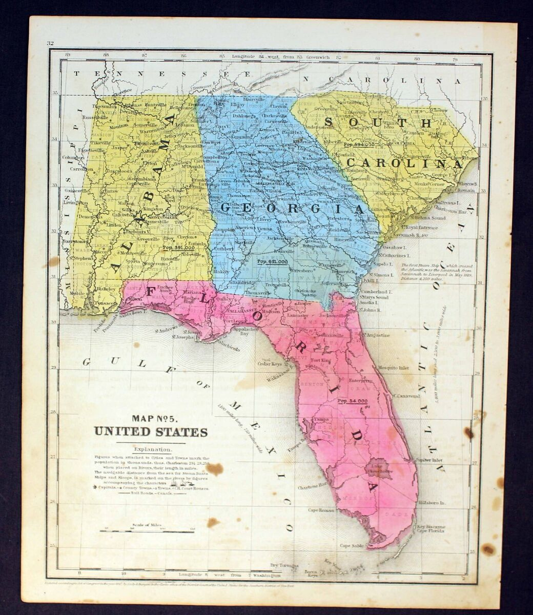 1848 Map Florida Georgia Alabama South Carolina Hand Colored Steel in Map Of Florida And Georgia Usa