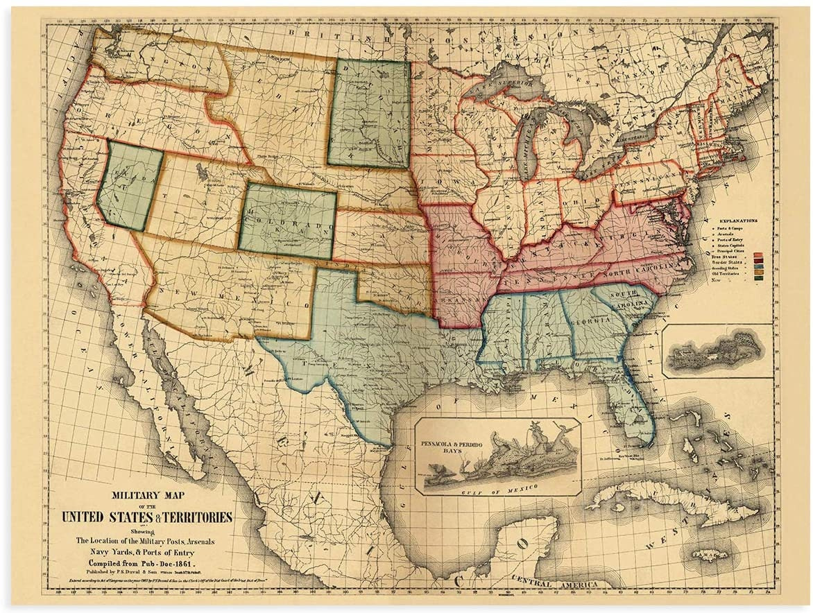 1861 American Civil War Map - Vintage Map Of The United States with Map Of Usa During Civil War