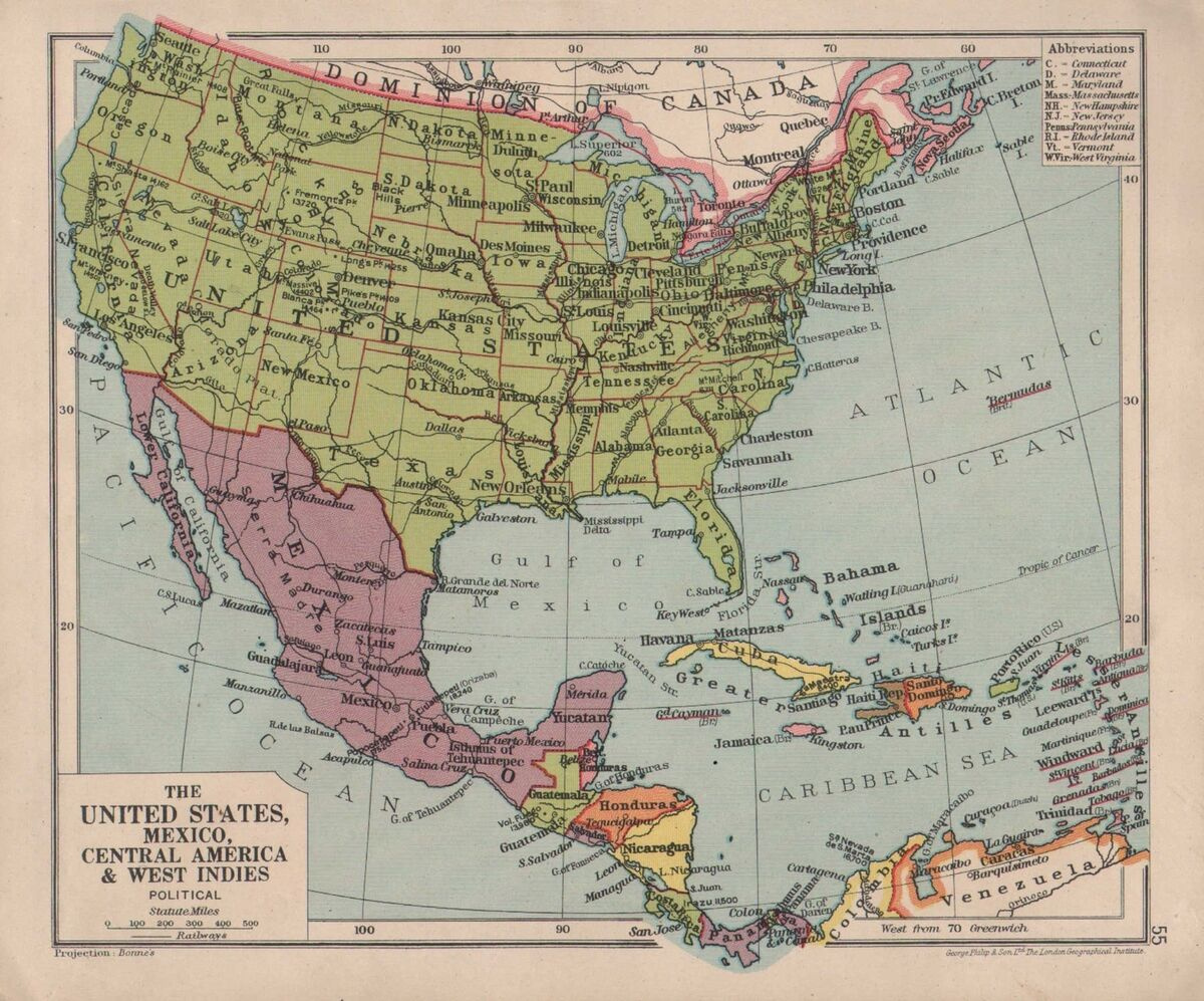 1928 Map ~ United States Mexico Central America &amp;amp; West Indies Cuba Jamica within Map Of Usa Mexico And Cuba