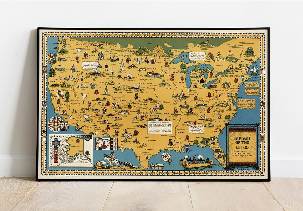 1944 Indianer Der Usa Indianerstämme Bildliche Karte Wandplakat Druck in Map Of Usa Native American Tribes