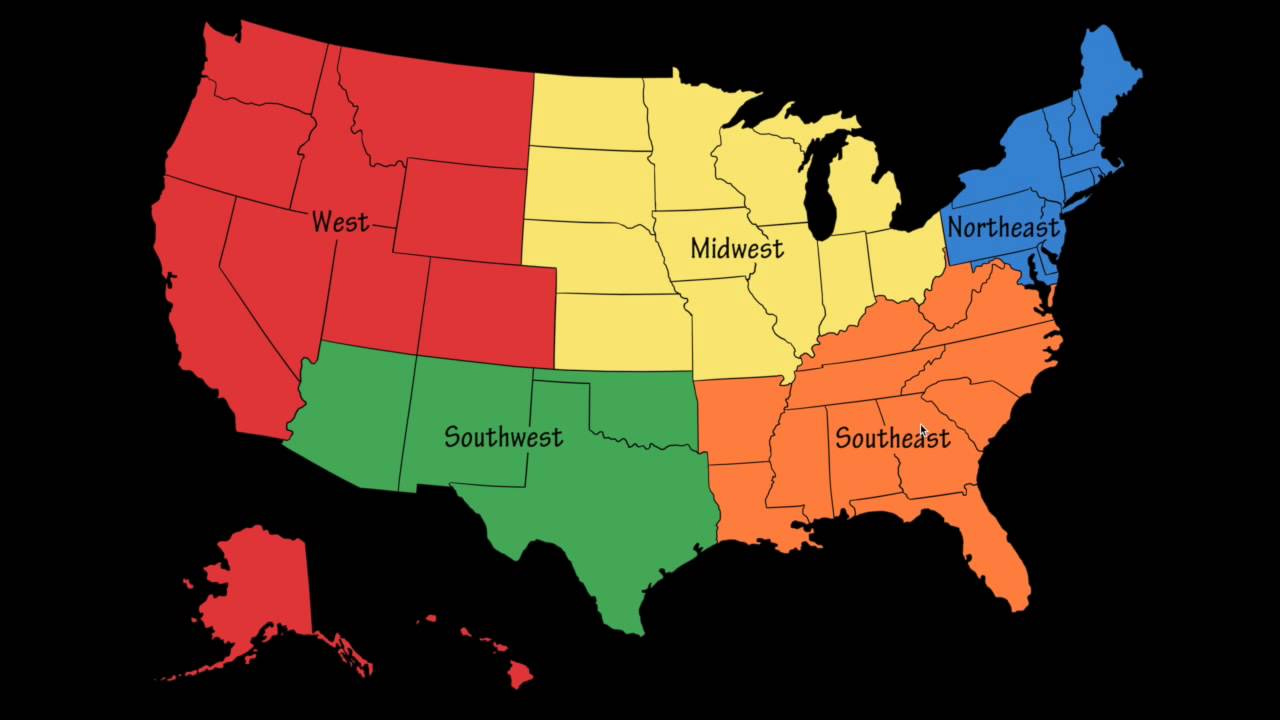5 Regions Of The U S Final inside Map of 5 Regions of USA