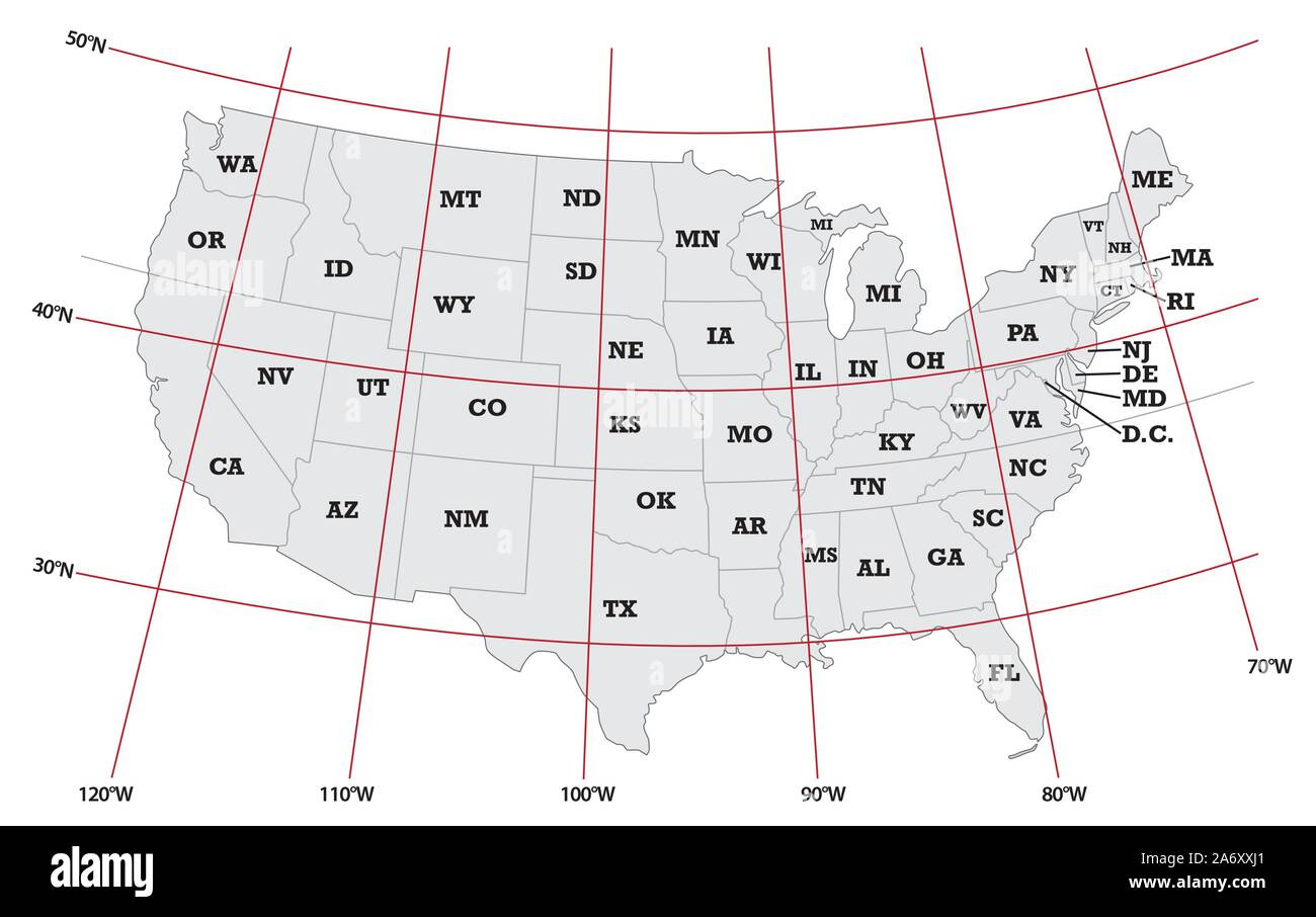 Administrative Map United States With Latitude And Longitude Stock throughout Map Of Usa Latitude And Longitude