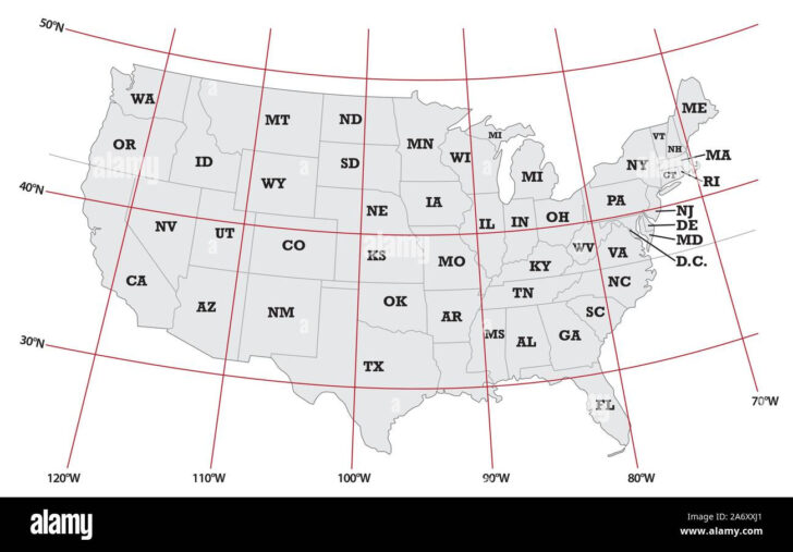 Physical Map of USA with Latitude and Longitude
