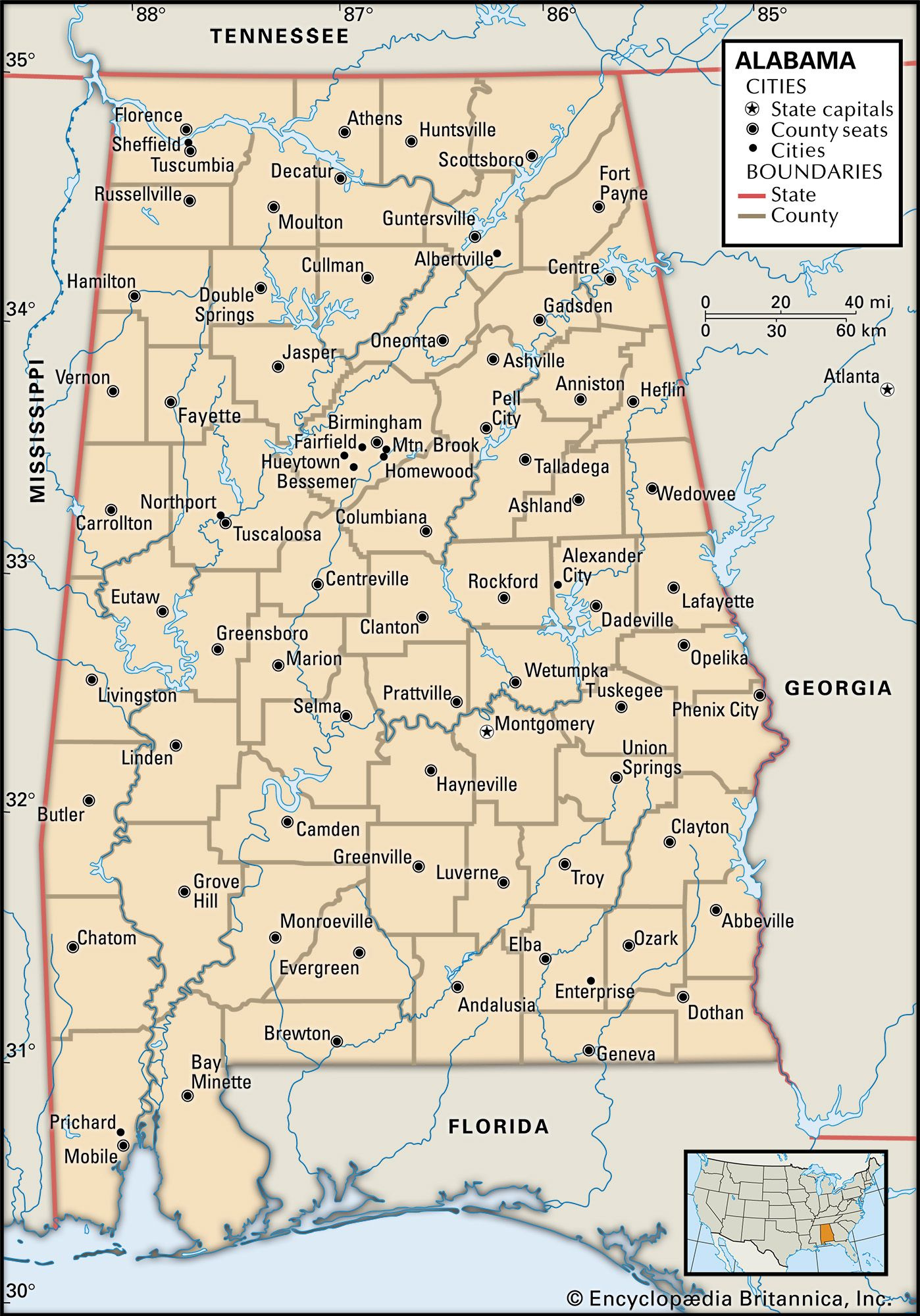 Alabama | Flag, Facts, Maps, Capital, Cities, &amp;amp; Attractions inside Map Of Alabama Usa With Cities