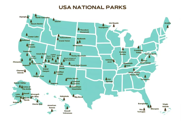 Map of All National Parks In the USA Map of All National Parks In the USA