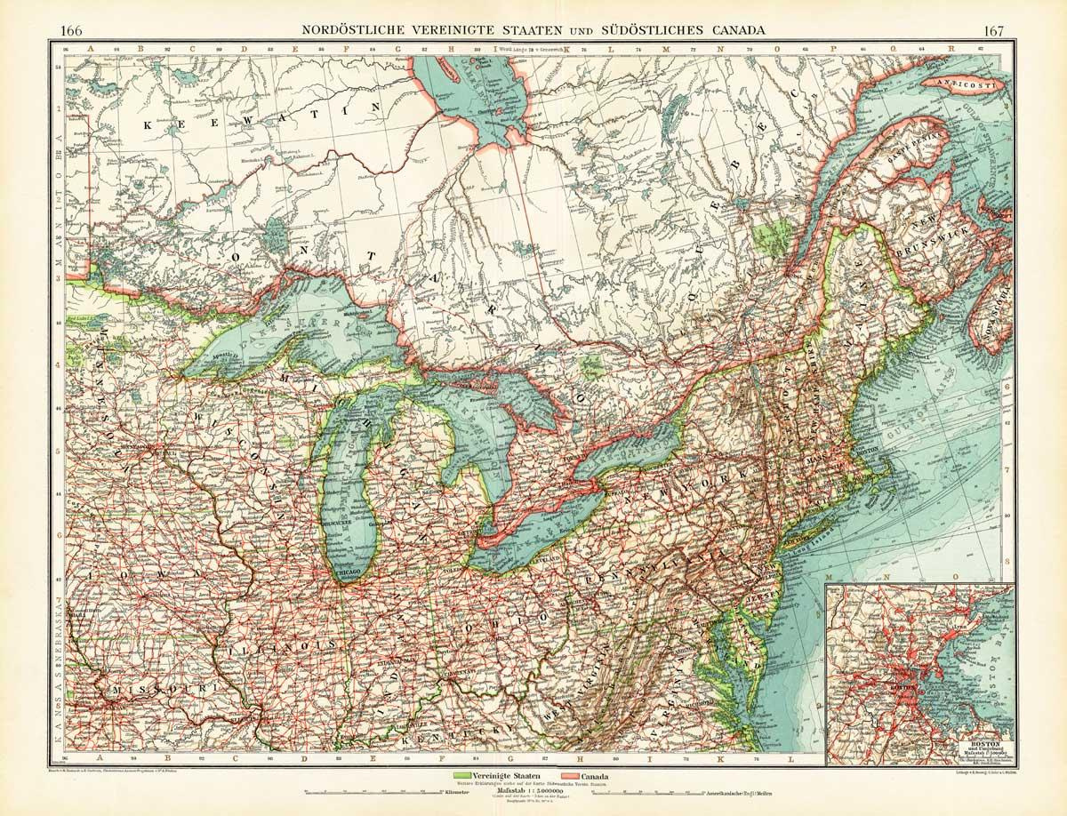 Antique Map-North East America-Usa-United States-Canada-Boston throughout Map of North Eastern USA and Canada