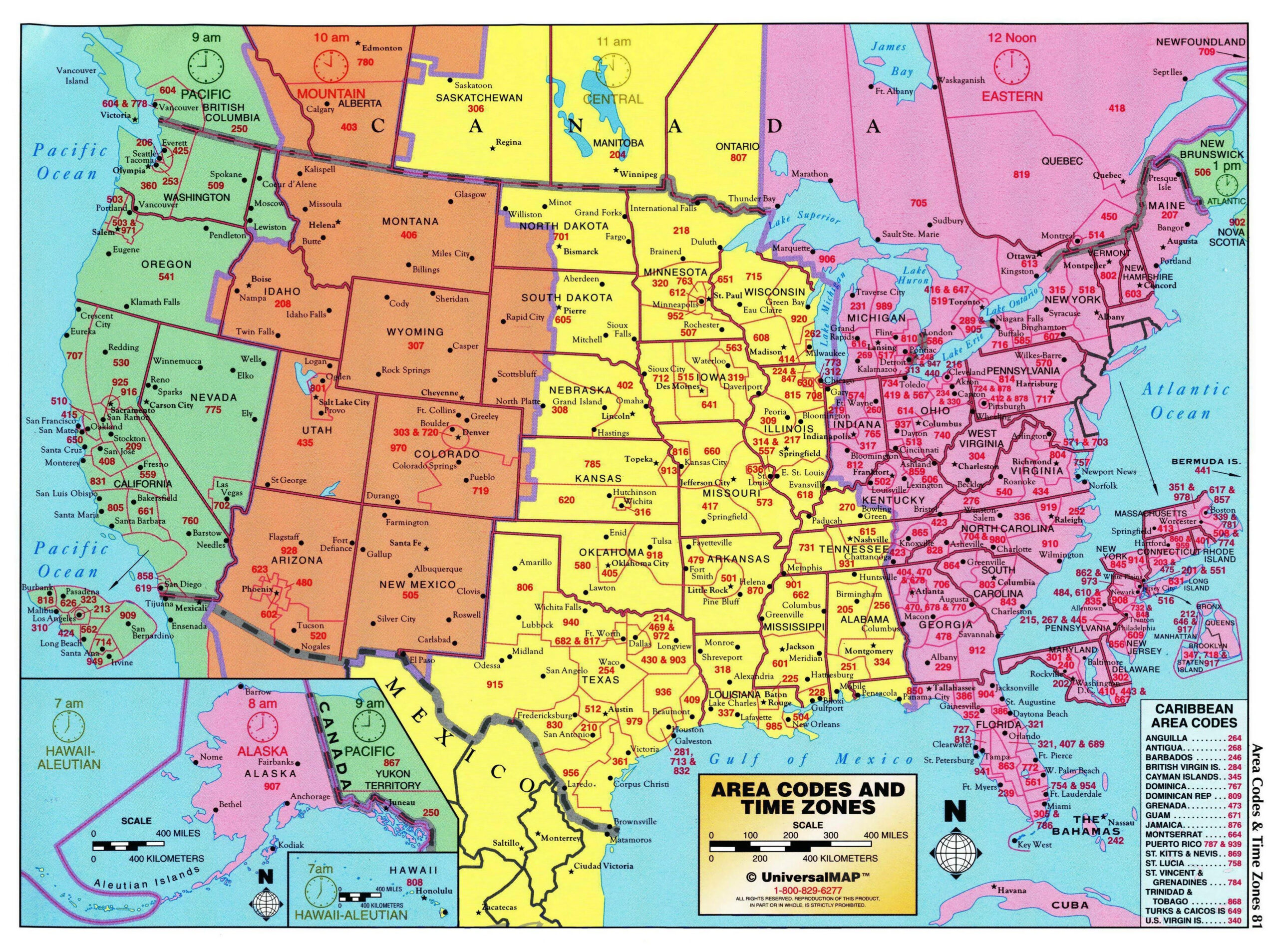 Area Codes And Time Zones Of The United States And Surrounding within Map Of Usa With Time Zones And Area Codes