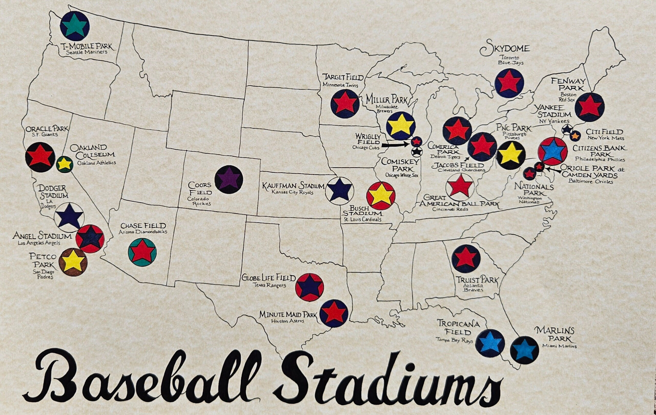 Baseball Stadiums Map U.s. - Etsy New Zealand with regard to Map Of Baseball Stadiums In Usa