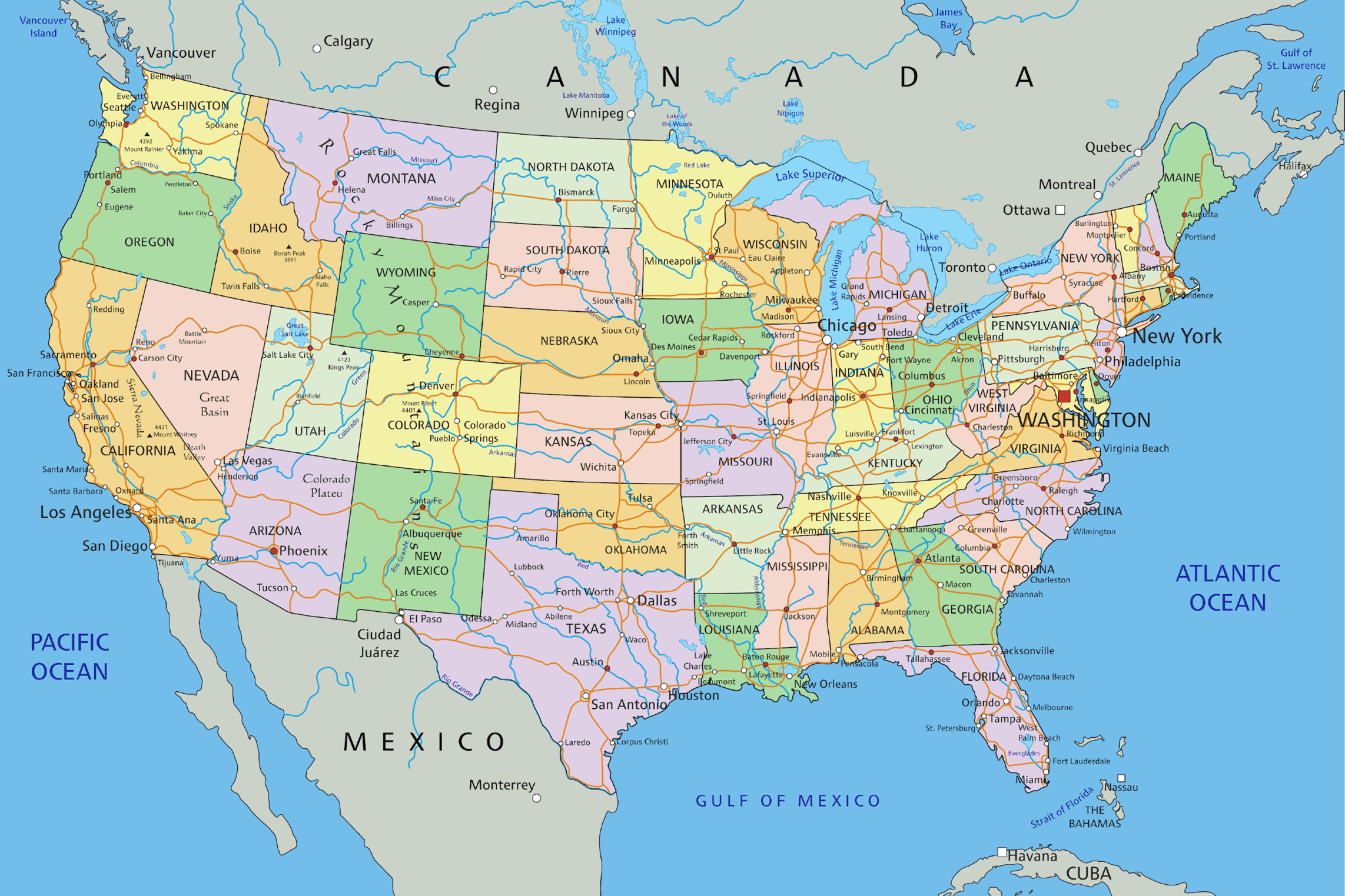 Map of USA States and Major Cities