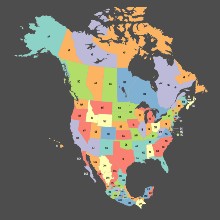 Map of USA and Canada and Mexico