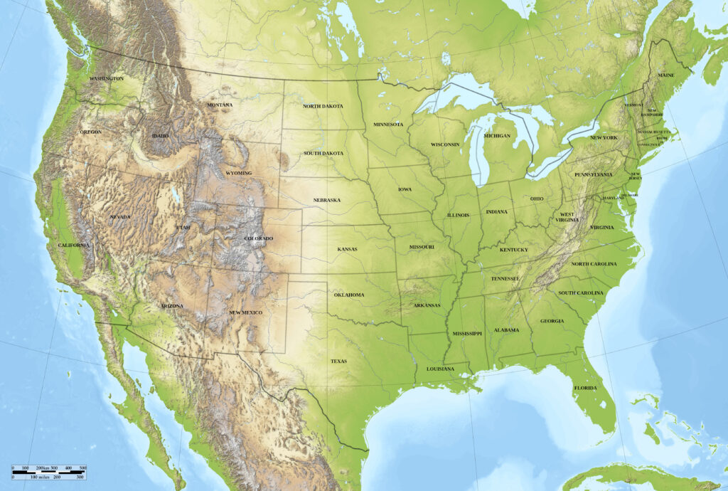 Map Of USA With Mountains And States Blue Green Atlas The Geography Of United States Of America Intended For Map Of Usa With Mountains And States 1024x690 