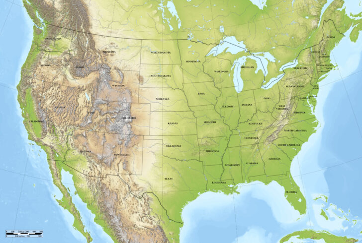 Map of USA with Mountain Ranges and Rivers