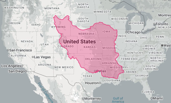 Map of Iran Superimposed Over USA