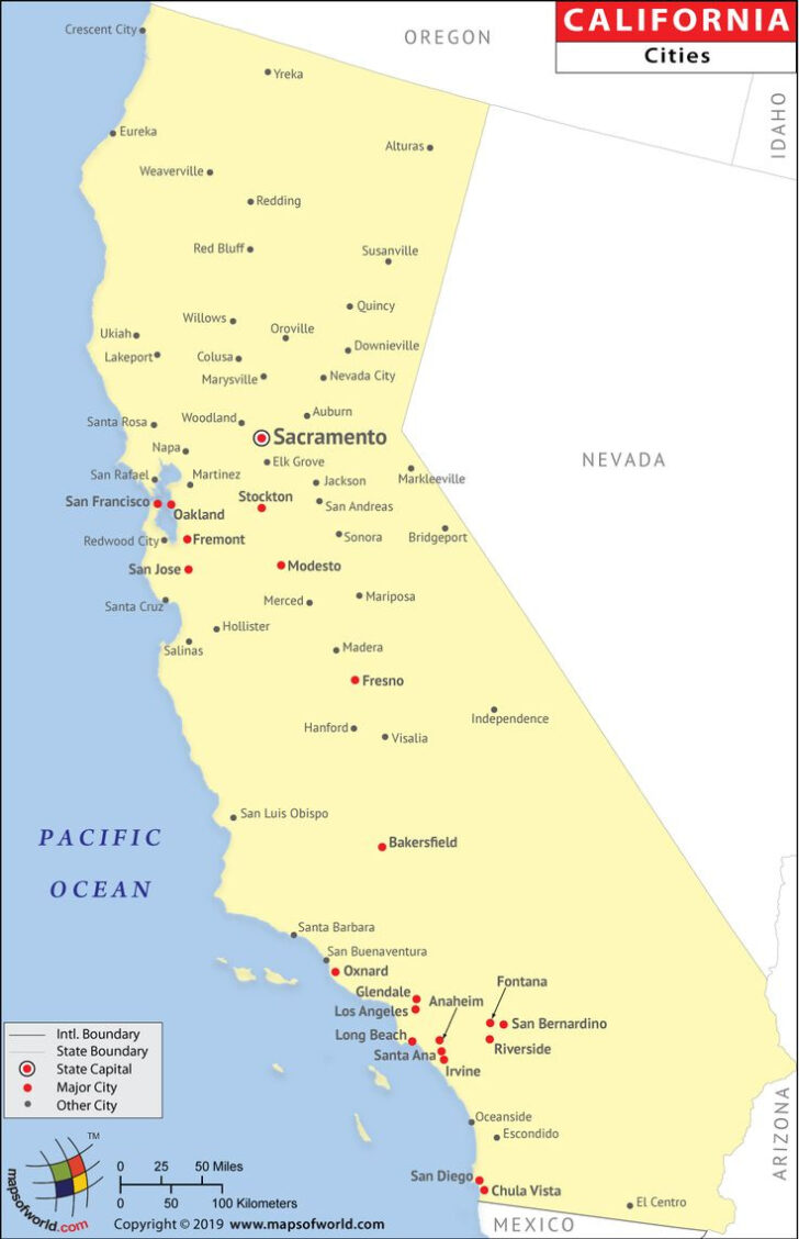Map of California USA with Cities and Towns