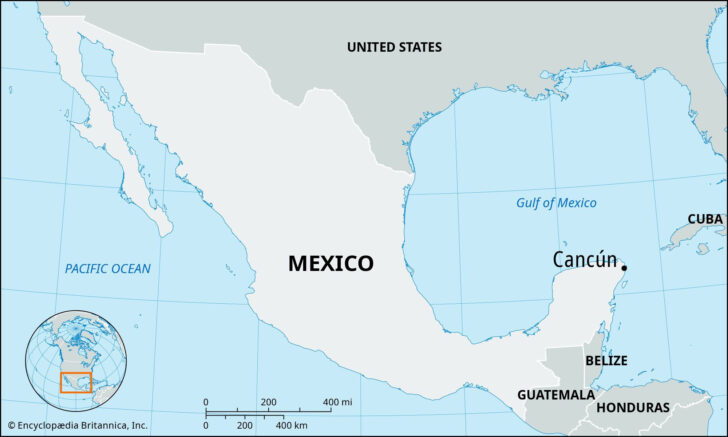 Map of USA and Cancun Mexico
