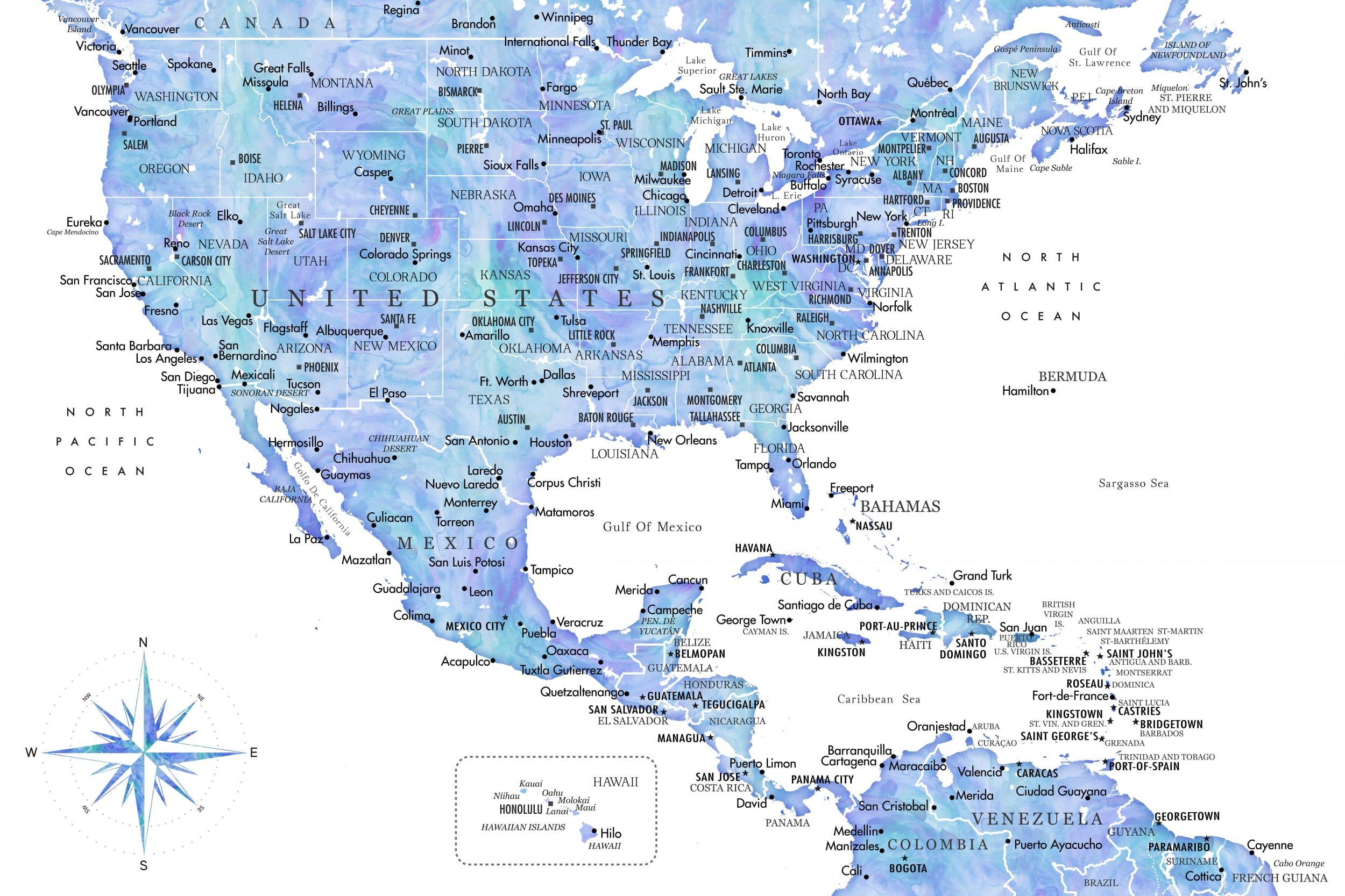 Canvas Print - Blue Map Of Usa And The Caribbean Sea - Wamaya regarding Map of the Caribbean and USA
