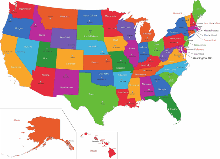 Map of USA with State and Capitals