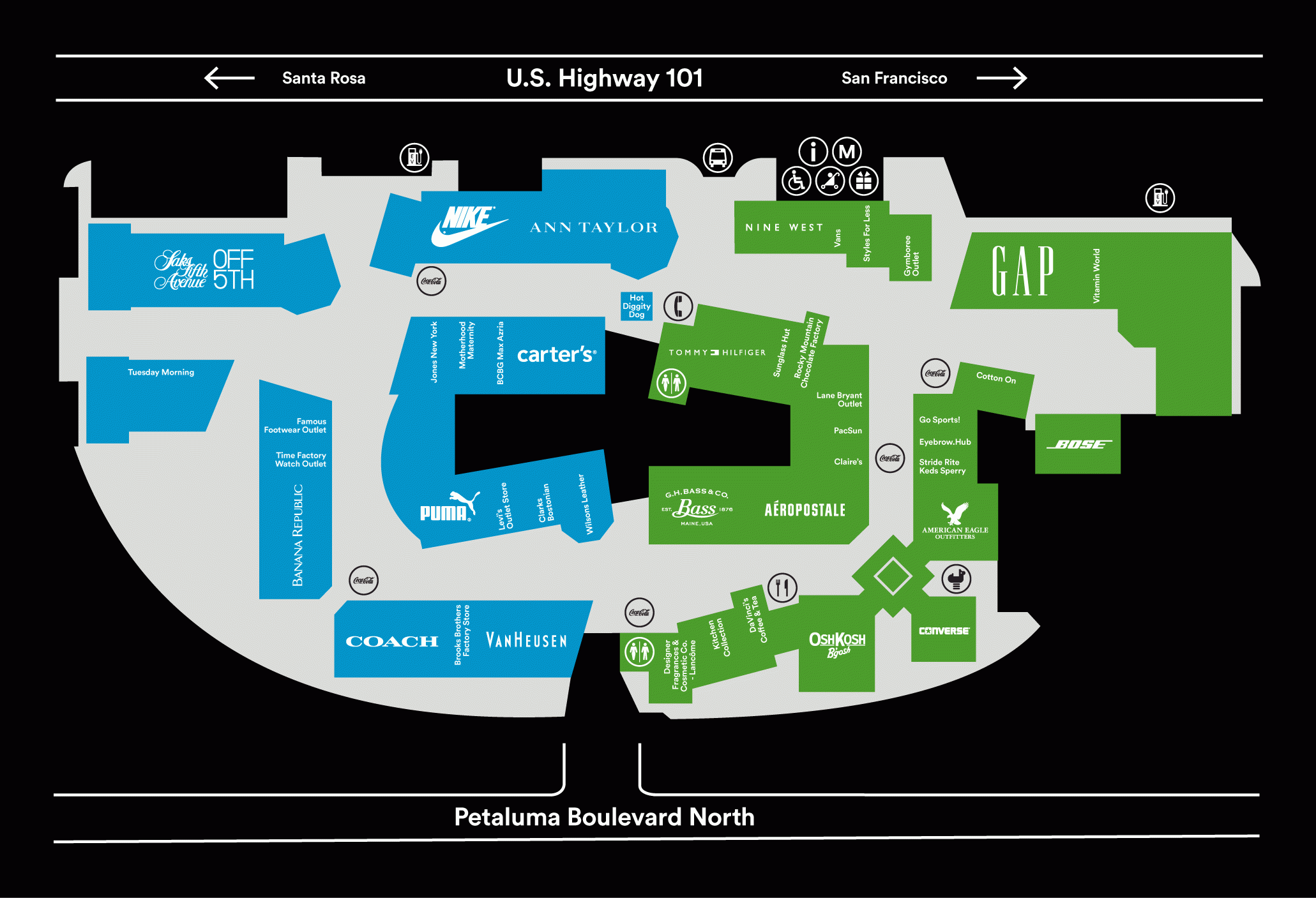Center Map For Petaluma Village Premium Outlets® - A Shopping with Map of Outlet Malls In USA