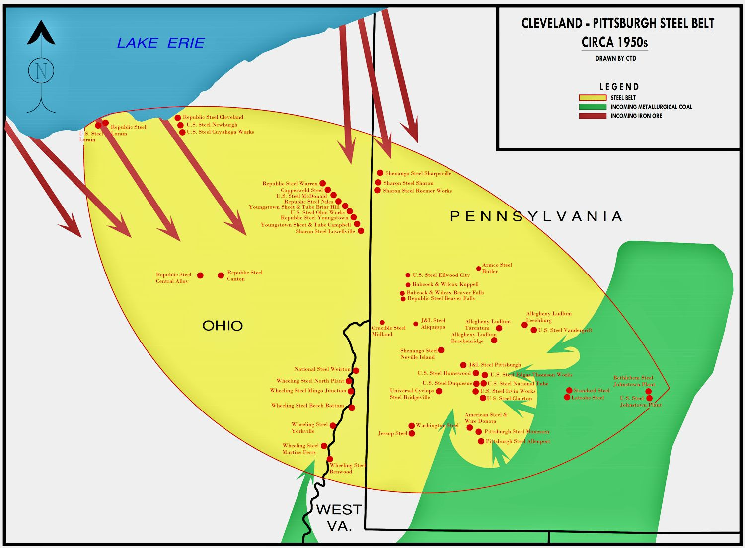 Cleveland-Pittsburgh Steel Map throughout Map Of Steel Mills In Usa