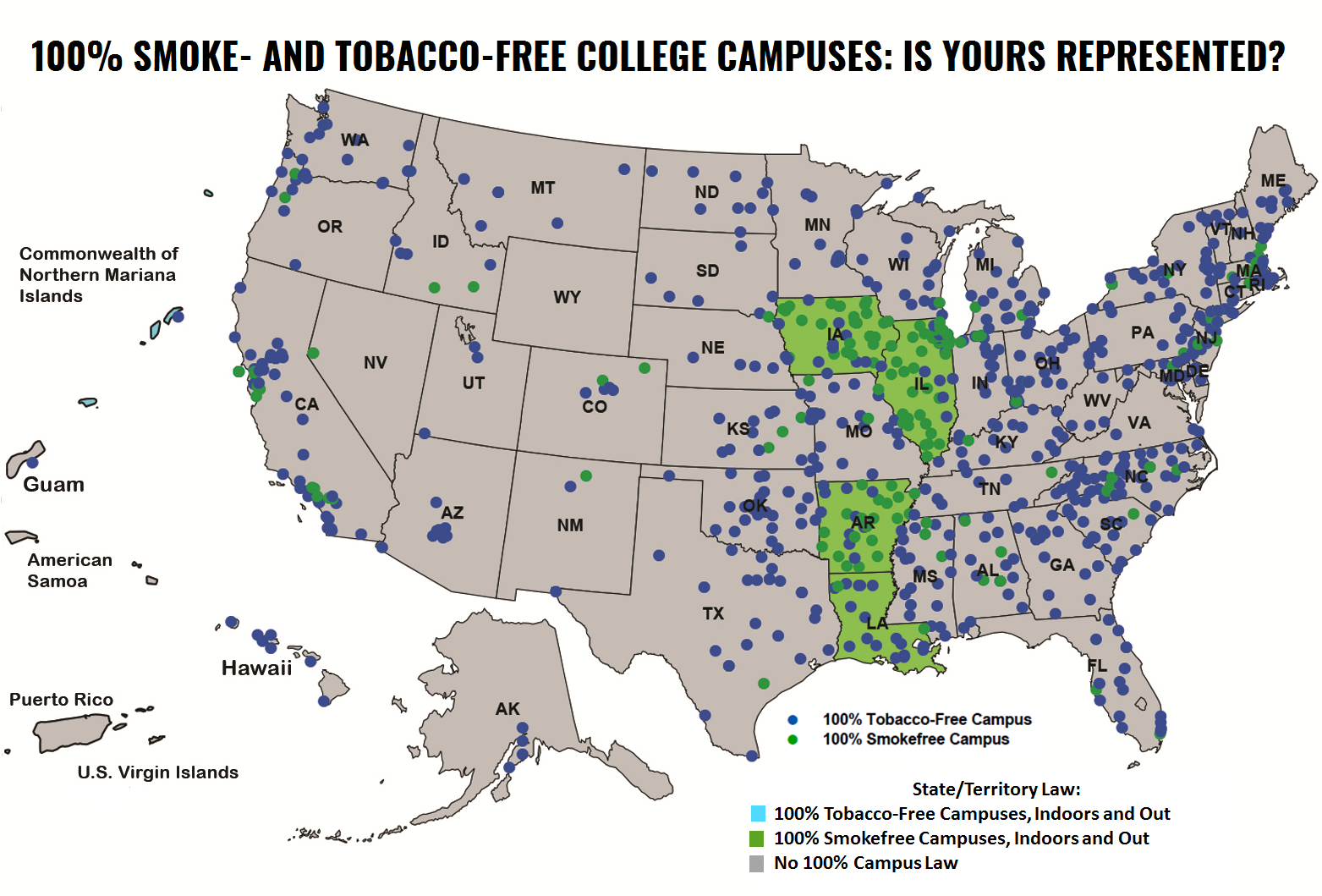 Colleges-Map-Territories-Labeled - American Nonsmokers&amp;#039; Rights regarding Map Of All Colleges In Usa