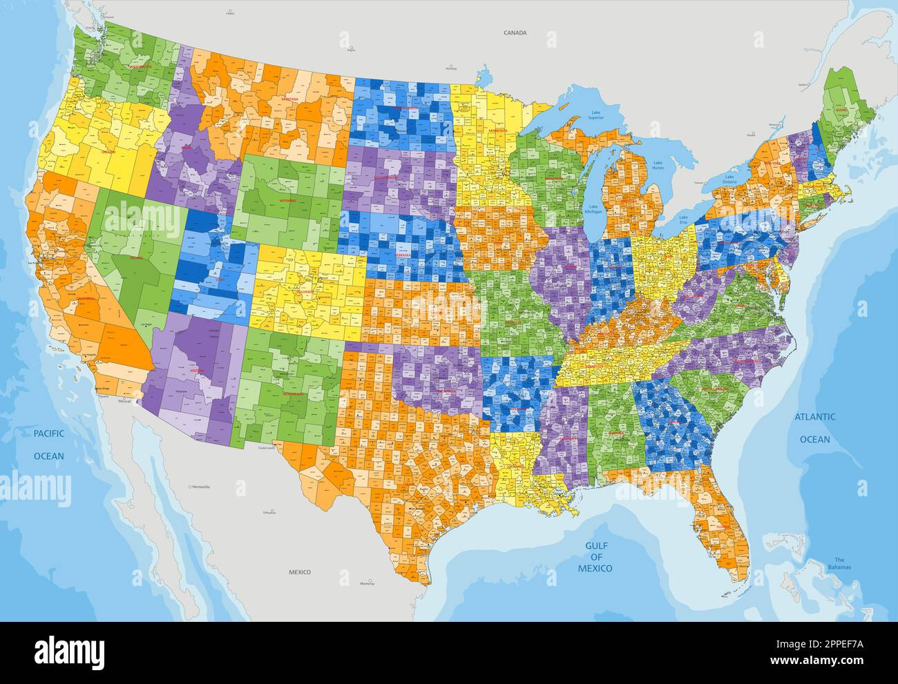 Complex Colorful Usa Political Map With Every County And Major inside Map of USA with Cities and Counties