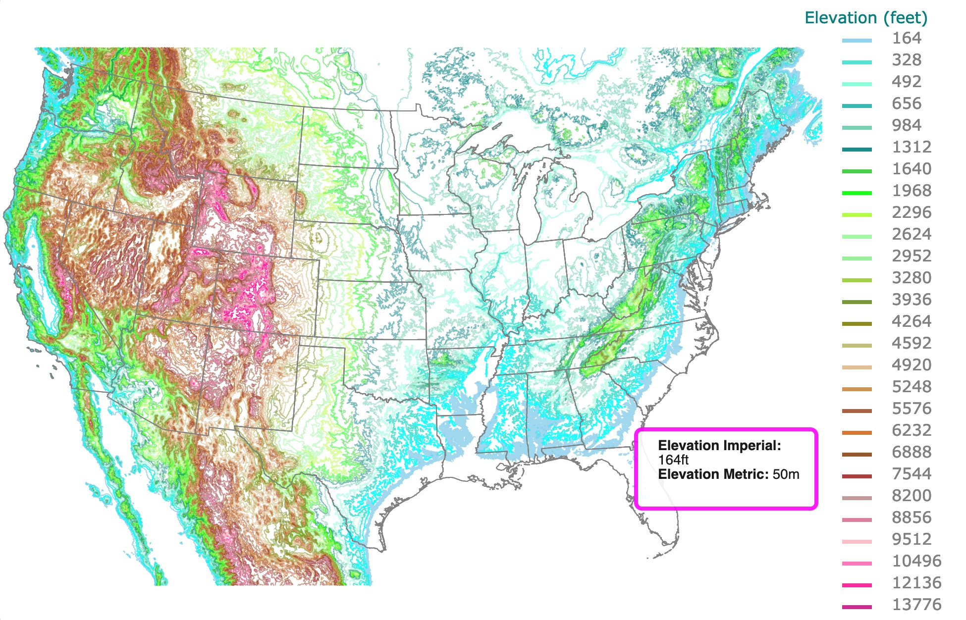 Contour Elevation Map Of The Us intended for Elevation Map Of Usa With Key