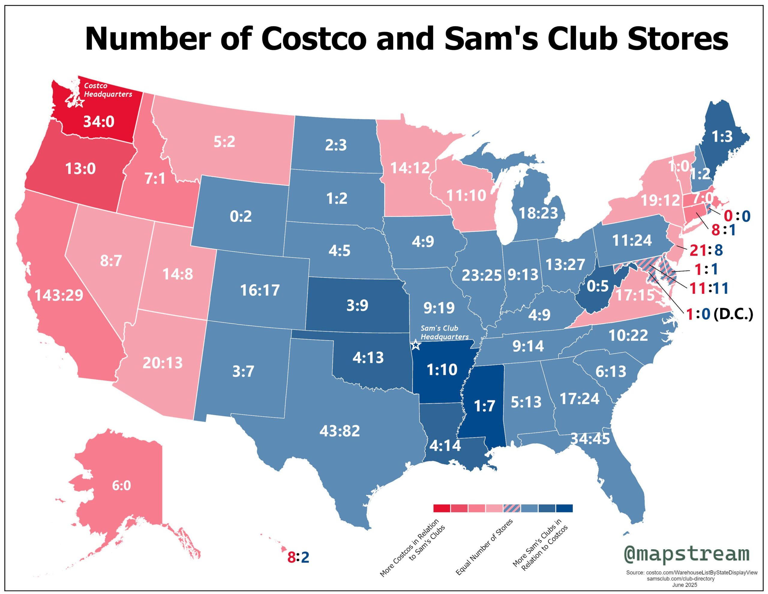Costco Vs Sam&amp;#039;S Club Store Numbersus State - Brilliant Maps intended for Map of Sam&amp;amp;#039;s Club Locations In USA