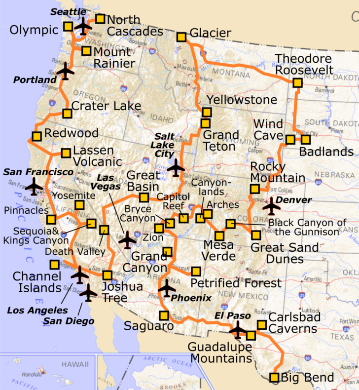 Map of USA with States and National Parks