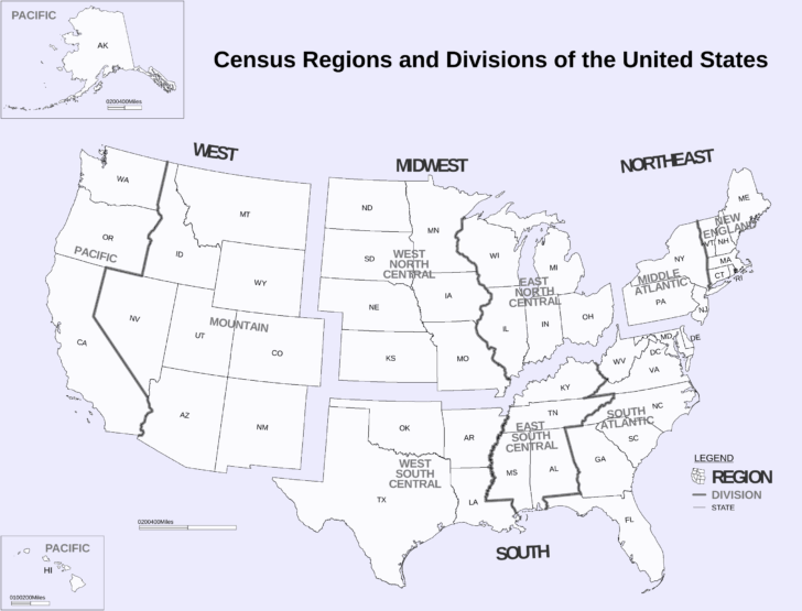 Map of USA with Regions and States