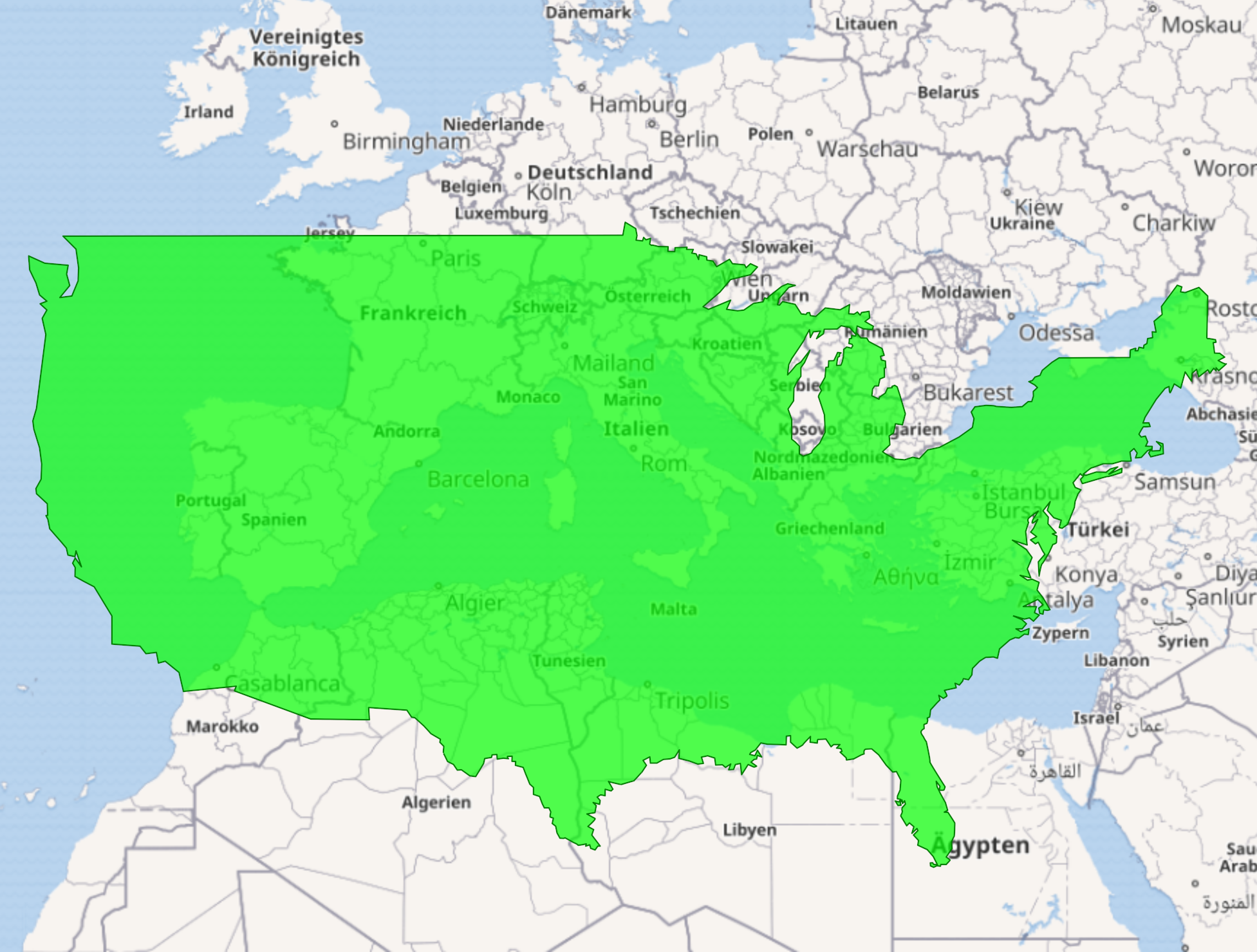 Datei:contiguous United States Overlayed Over Europe – Wikipedia with Map of Europe Over Map of USA