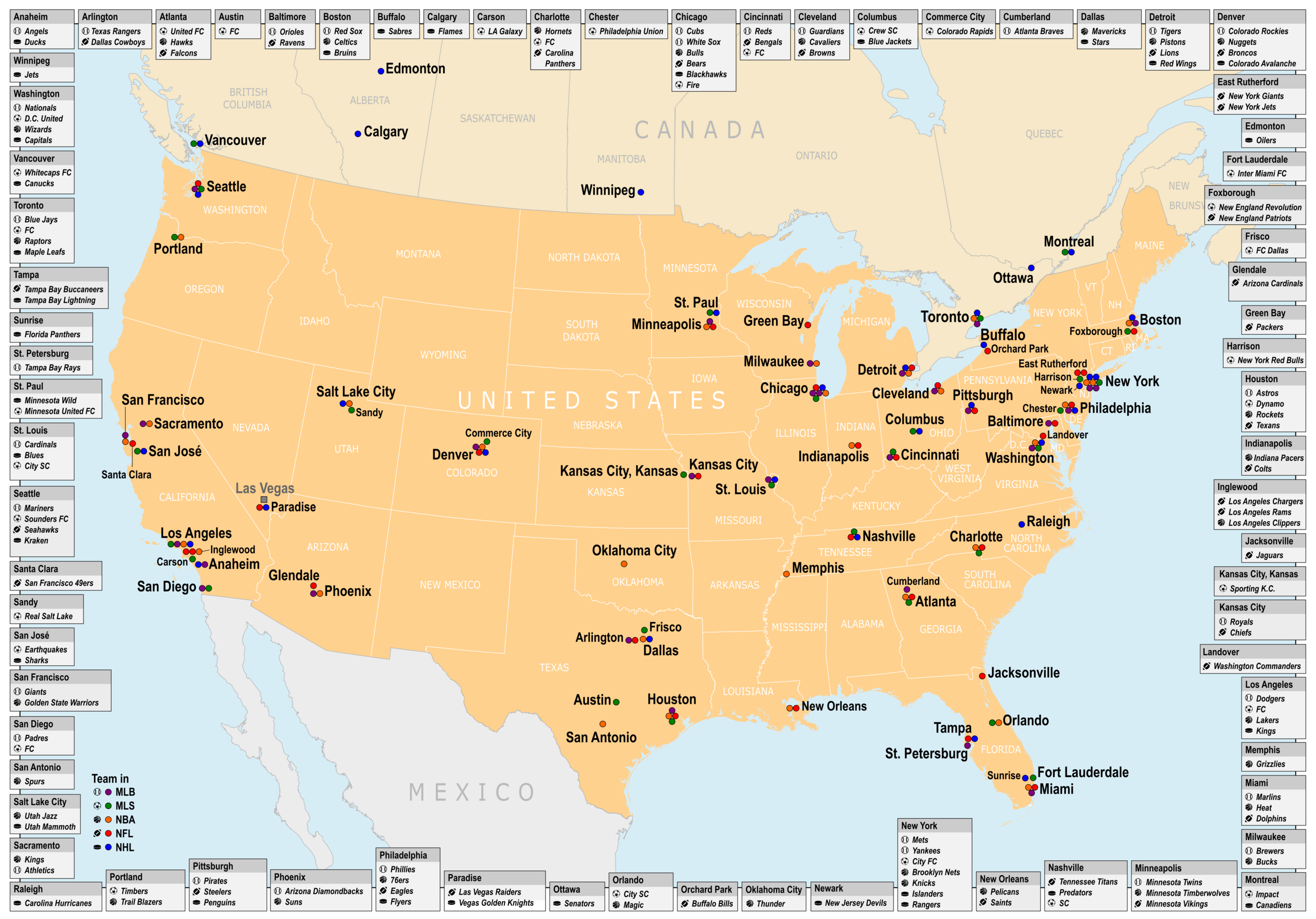 Datei:map Of Cities In The Usa And Canada With Mlb, Mls, Nba, Nfl for Map of the USA States with Cities