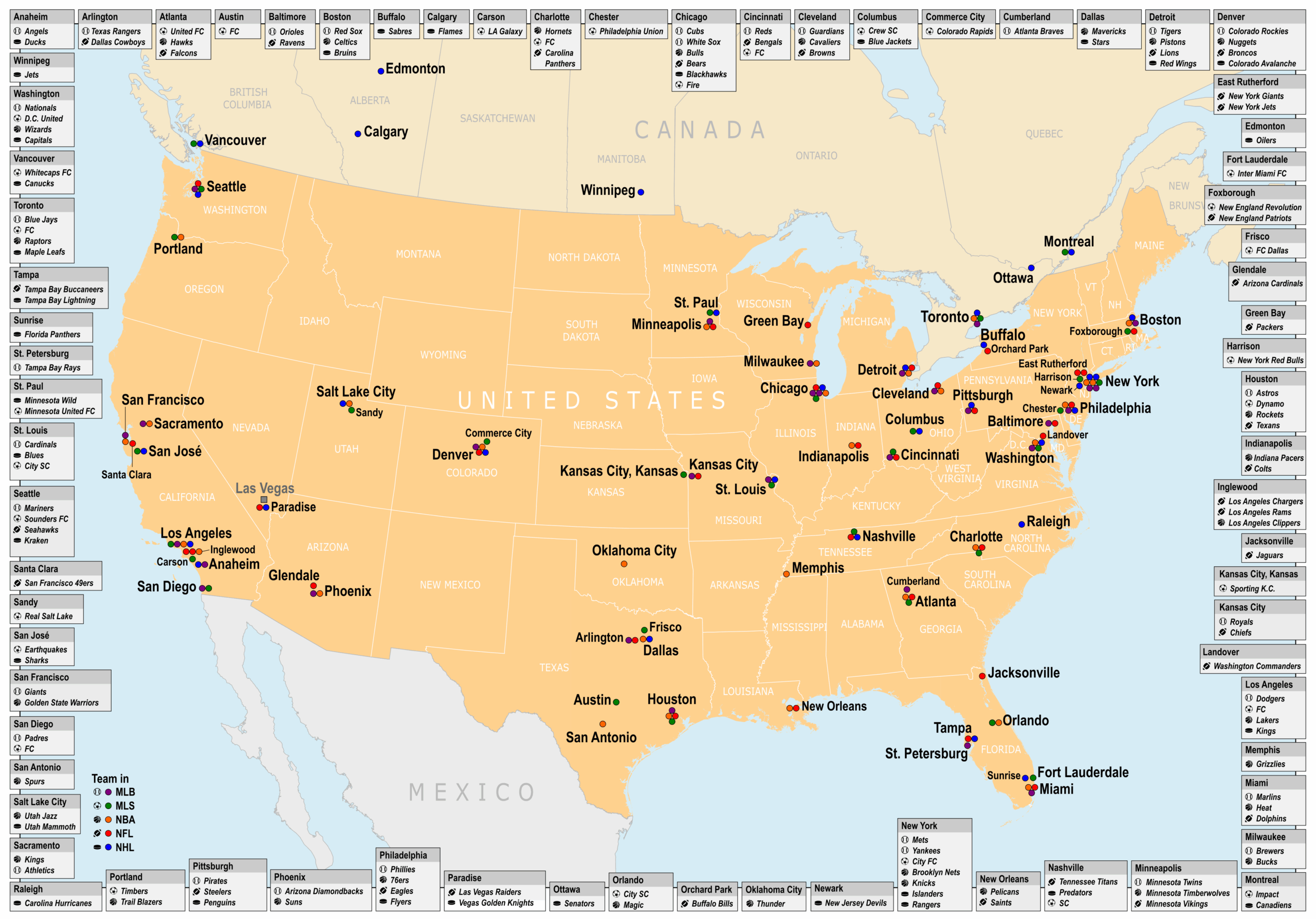Datei:map Of Cities In The Usa And Canada With Mlb, Mls, Nba, Nfl inside Map of USA with Nfl Teams
