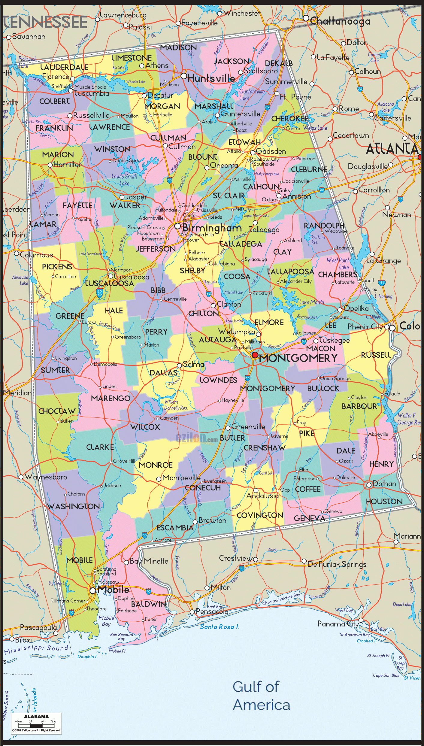 Detailed Map Of Alabama With Cities, Counties And Roads - Ezilon Maps for Map of Alabama USA with Cities