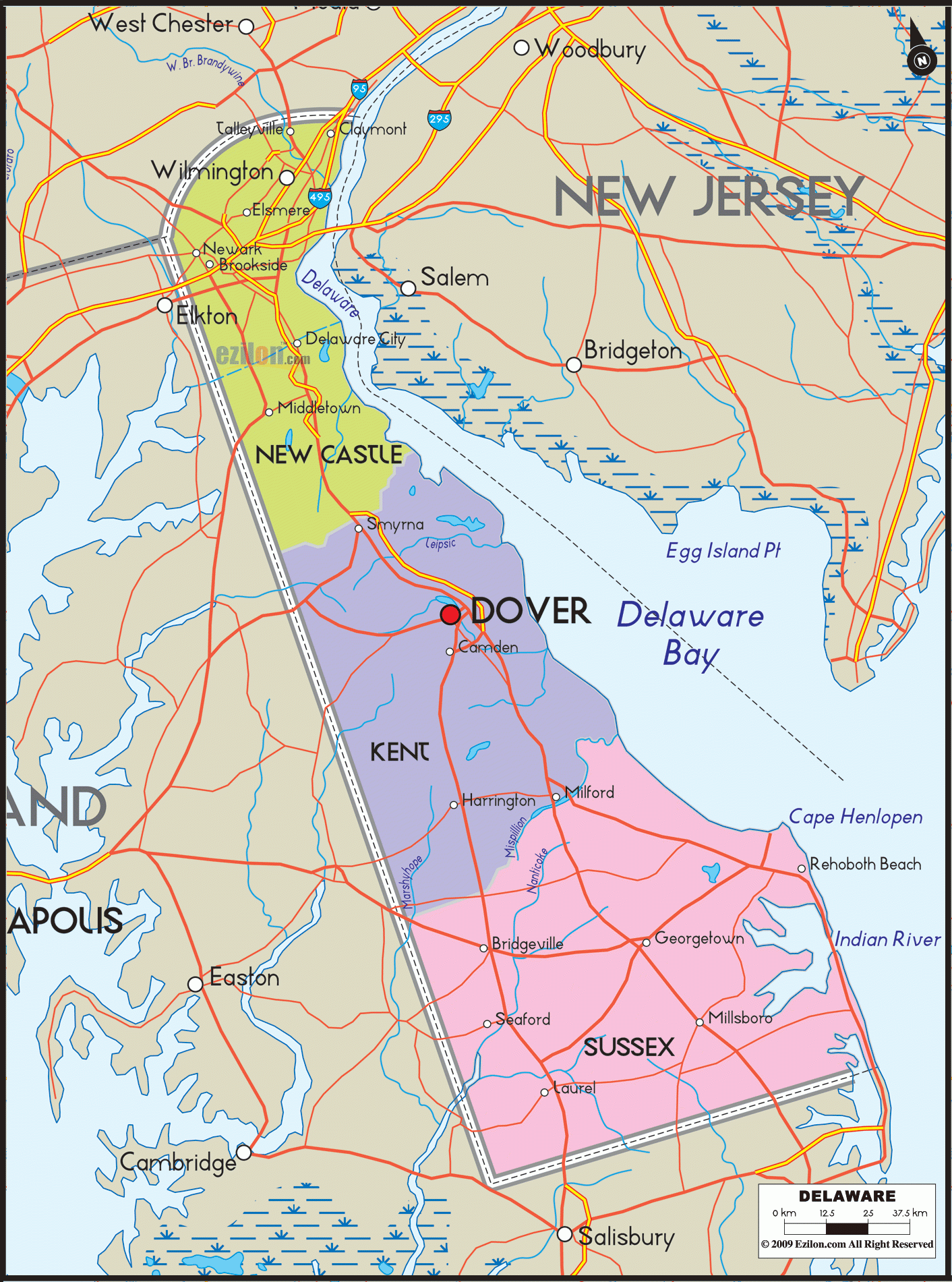 Detailed Map Of Delaware With Cities, Counties And Roads - Ezilon Maps intended for Show Delaware On Map of USA