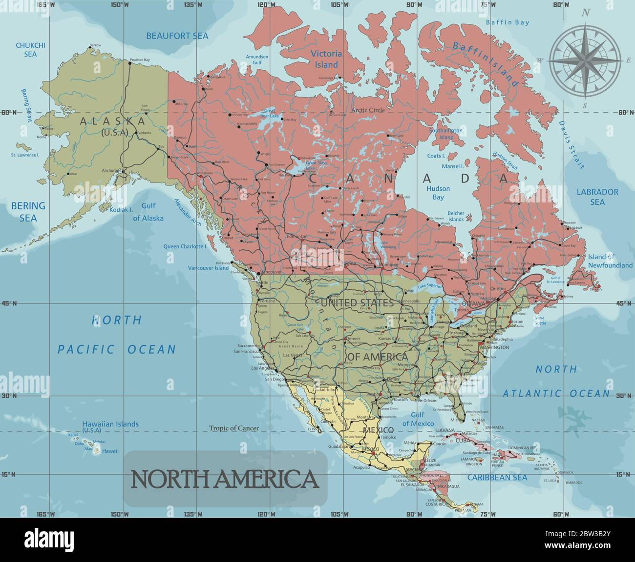 Detailed North America Political Map In Mercator Projection with Map of USA with Compass Rose