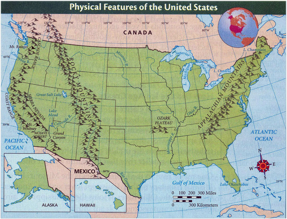 Detailed Physical Features Map Of The United States | Vidiani with Physical Features Map of the USA