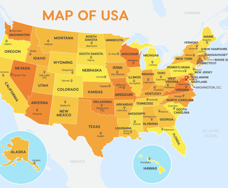 USA Map with Names of Cities