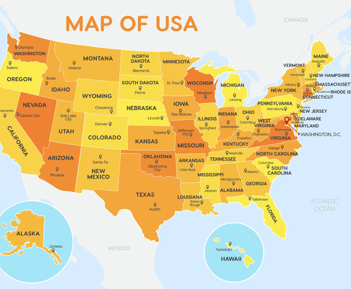 Detailed Vector Map Of United State Of America With States And in Usa Map With Names Of Cities