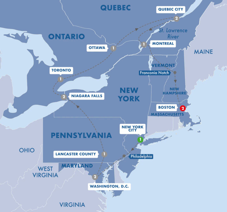 Map of Eastern Seaboard USA and Canada